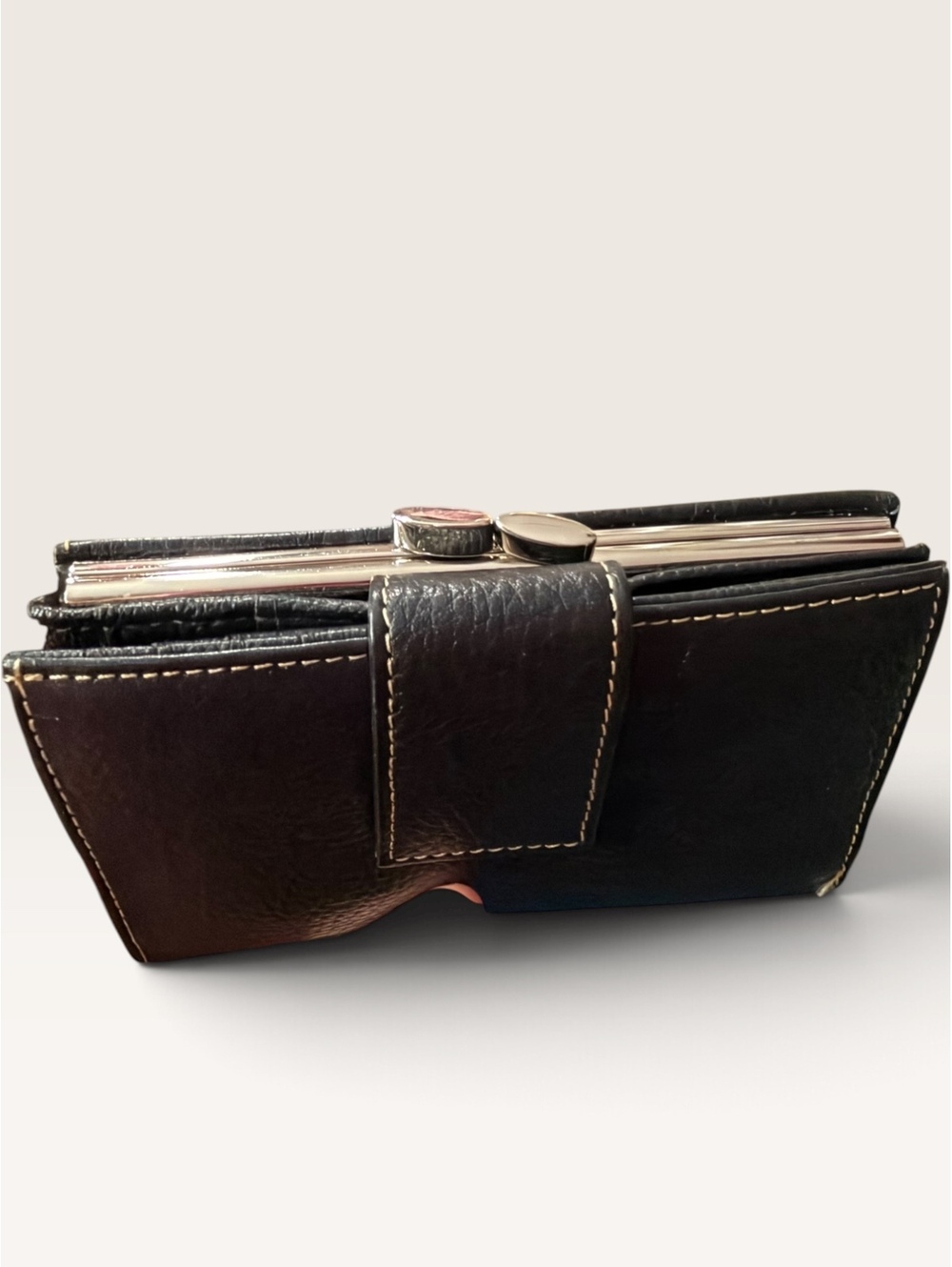 Genuine Leather Black Organizer Wallet Double Kiss Lock Frame Bifold
